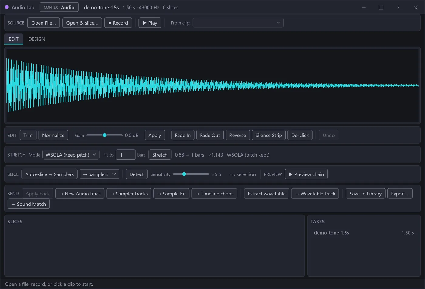 The Audio Lab — a waveform with trim, normalize, stretch and slice tools and take management