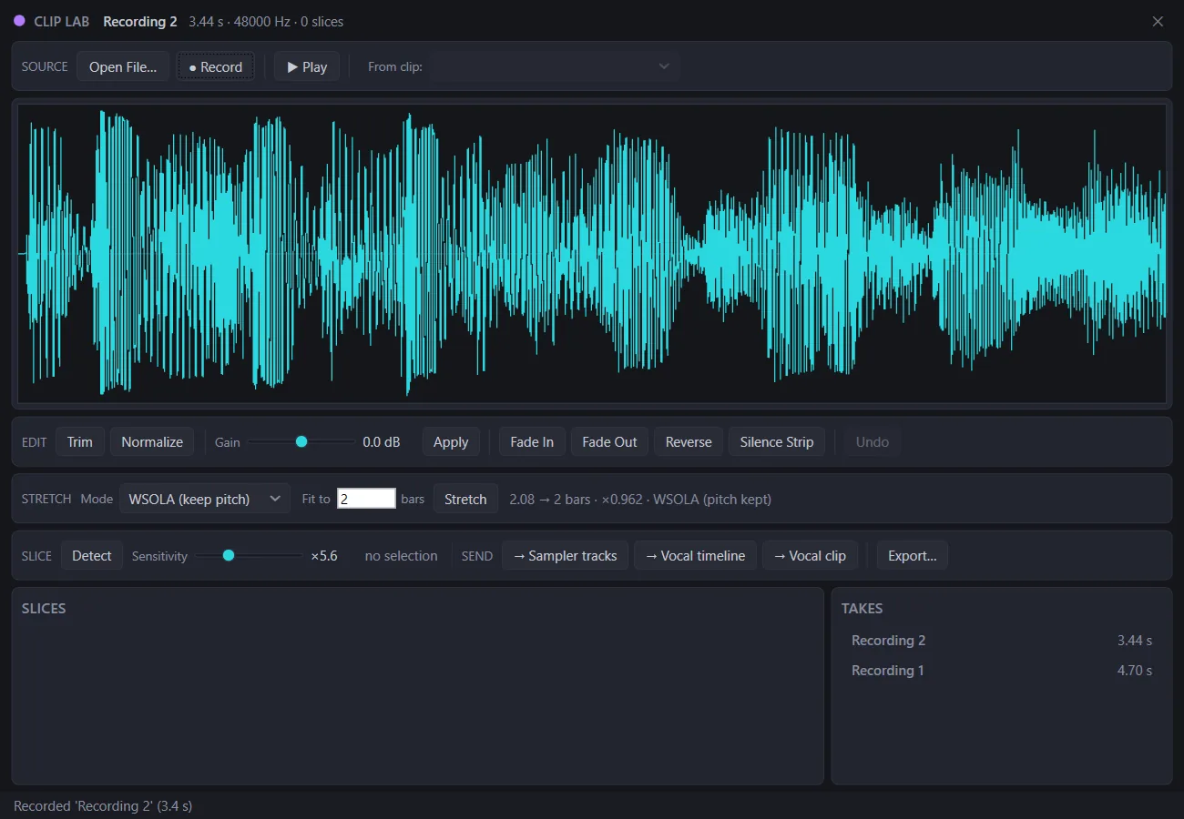 Clip editing — waveforms, trim, fades & slicing
