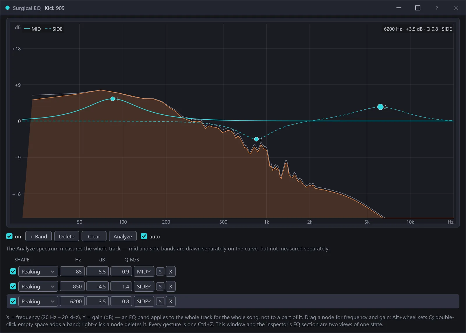 The surgical EQ pop-out with a live spectrum and separate mid and side curve traces