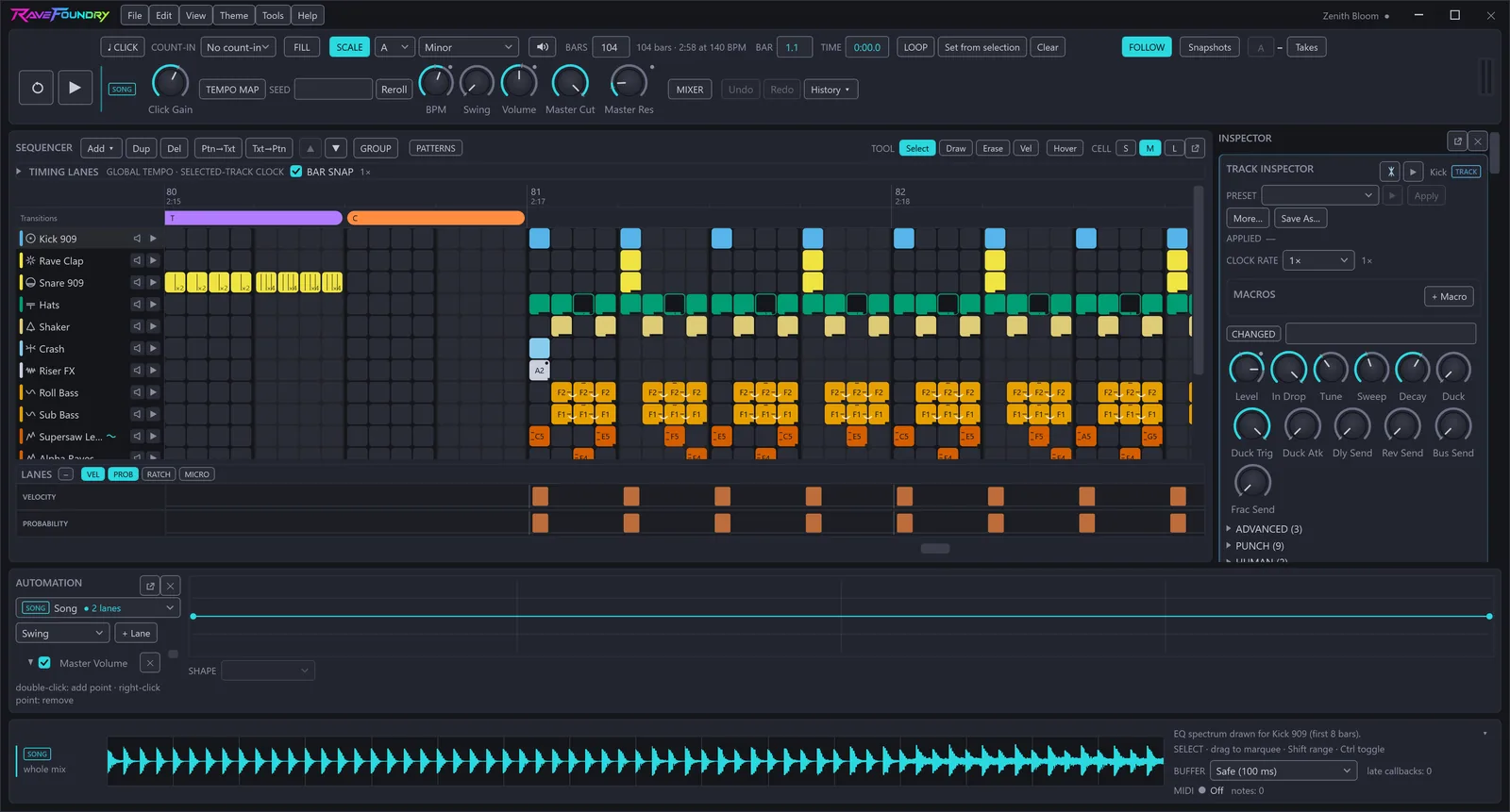RaveFoundry full window — step sequencer with grouped tracks, the track inspector and the transport bar