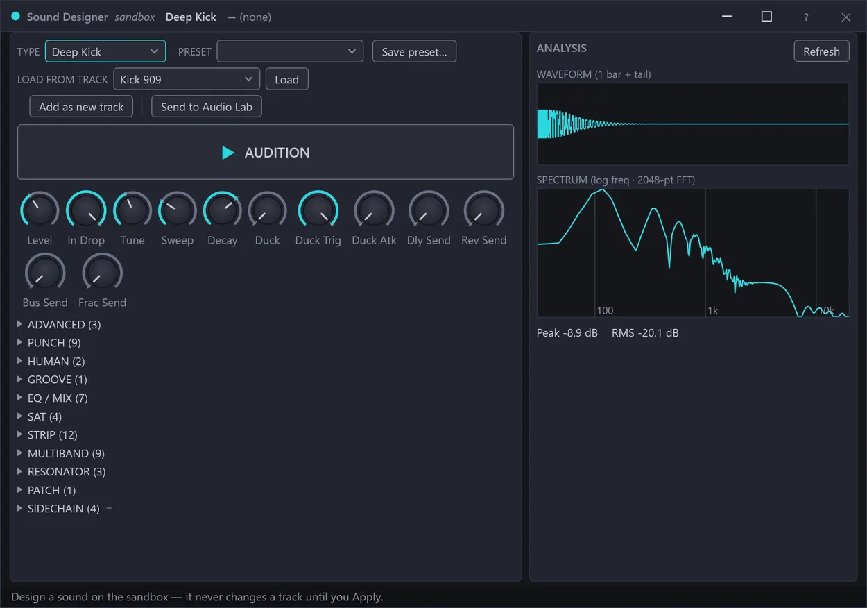 The Sound Designer sandbox — a dial rack, an audition button and live waveform and spectrum analysis