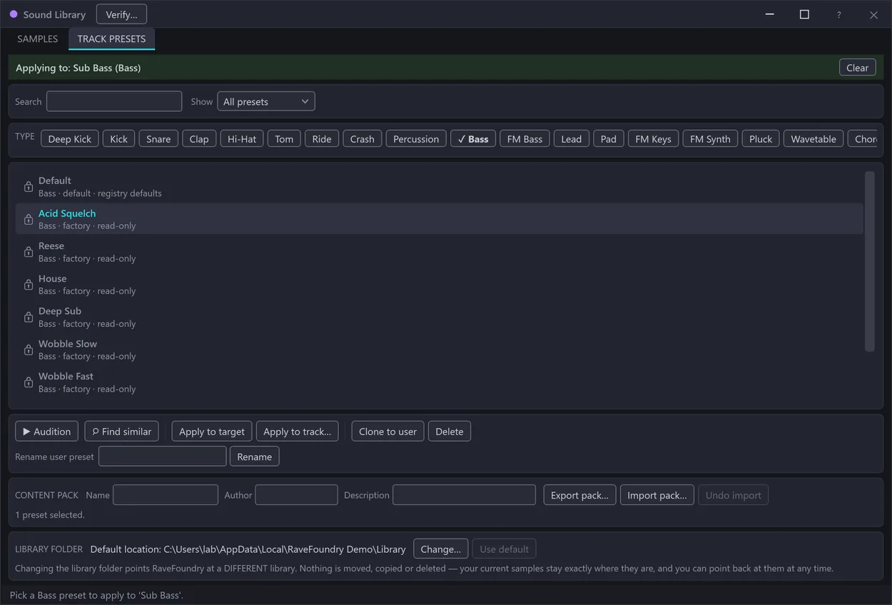 The Sound Library — samples and track presets with tags, audition, find-similar and apply controls
