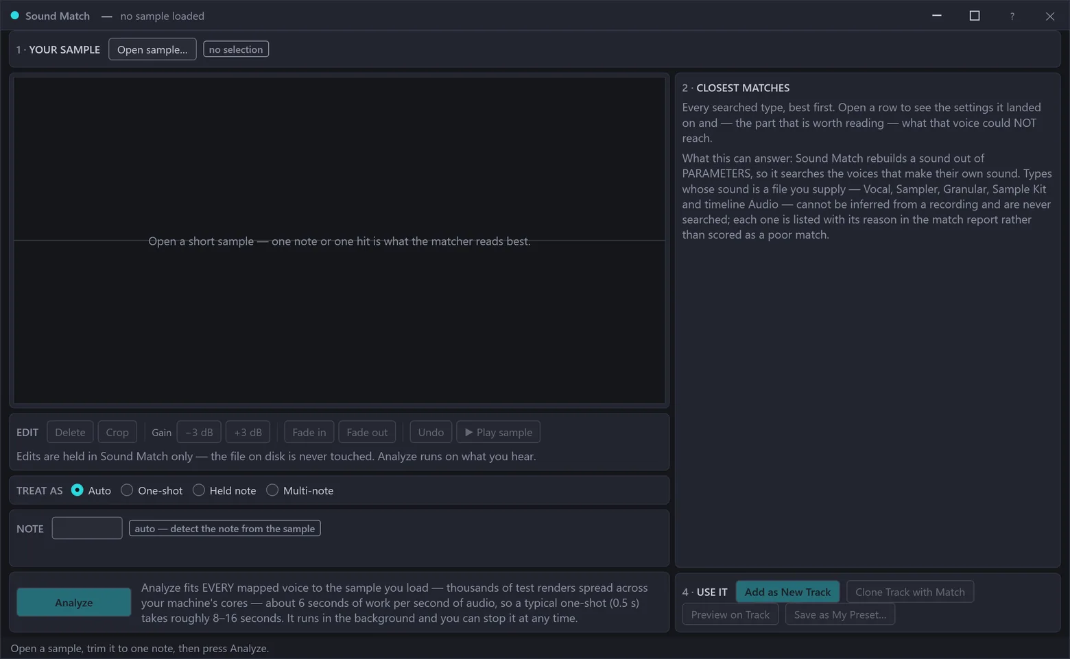 The Sound Match window ready for a sample — the sample editor and analyze controls beside the matches panel, with add-as-track, clone-with-match and save-as-preset actions